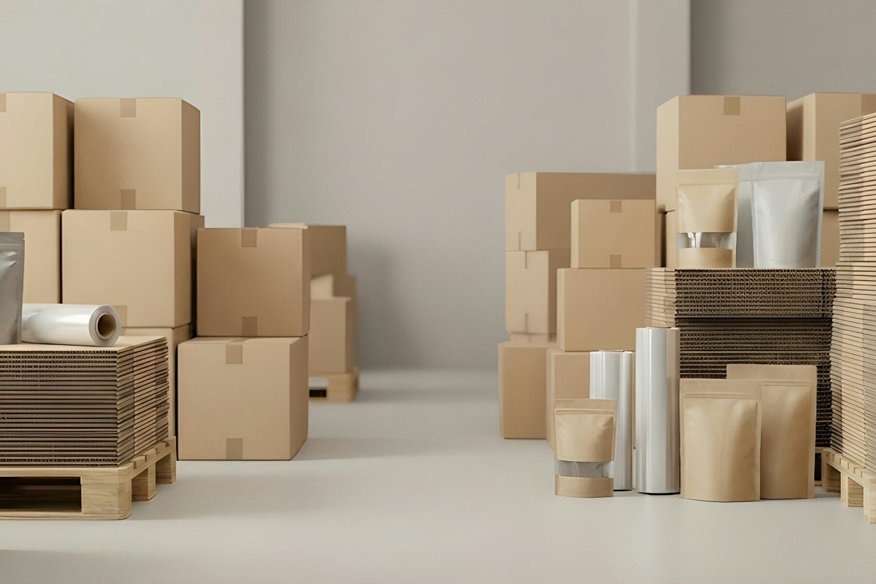 Cartons, pallets and packaging materials staged for shipment